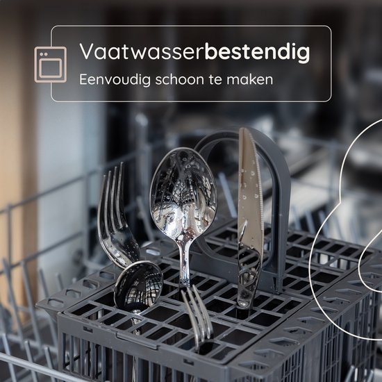 Zilverkleurige bestekonderdelen in een vaatwasmand, vaatwasserbestendig.
