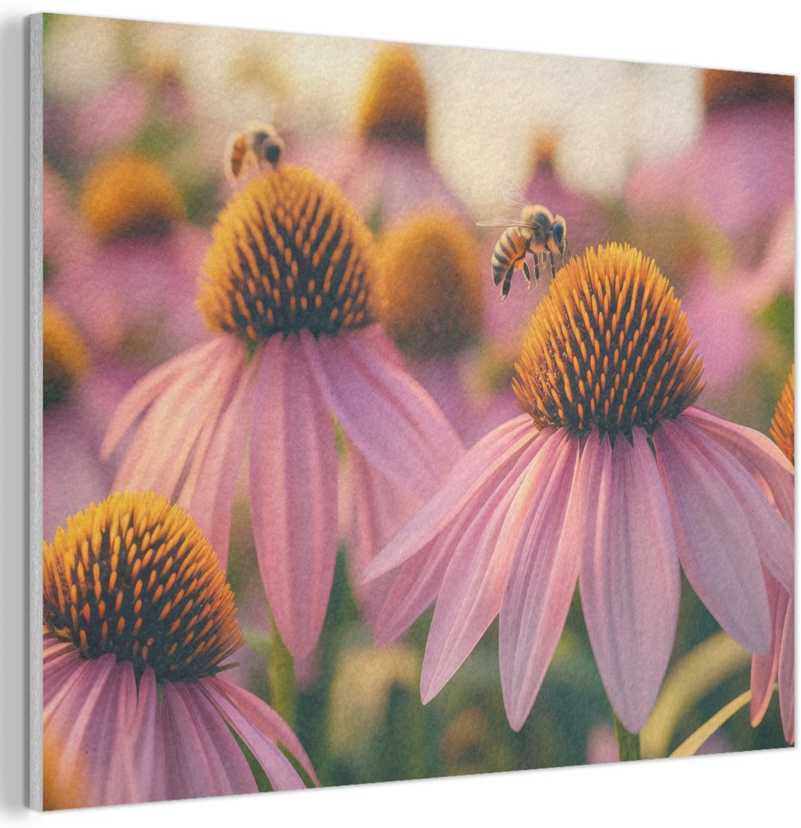 Akoestisch wandpaneel 70x50 cm - Vilt schilderij Bloemen - Paars - Bijen - Akoestische panelen - Geluidsdempende wanddecoratie - Geluidsisolatie woonkamer - Muurdecoratie geluidspanelen