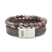 Milez - Armband set mannen - armband heren leer kralen - Bruin - Maat M
