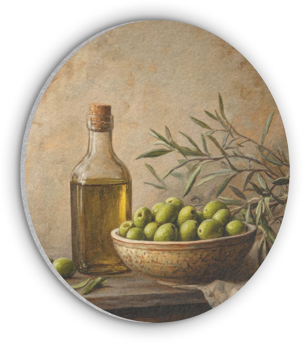 Akoestisch wandpaneel rond 50x50 cm - Vilt schilderij Olijven - Stilleven - Vintage - Ronde akoestische panelen - Geluidsdempende wanddecoratie - Geluidsisolatie wandcirkel - Muurdecoratie geluidspanelen