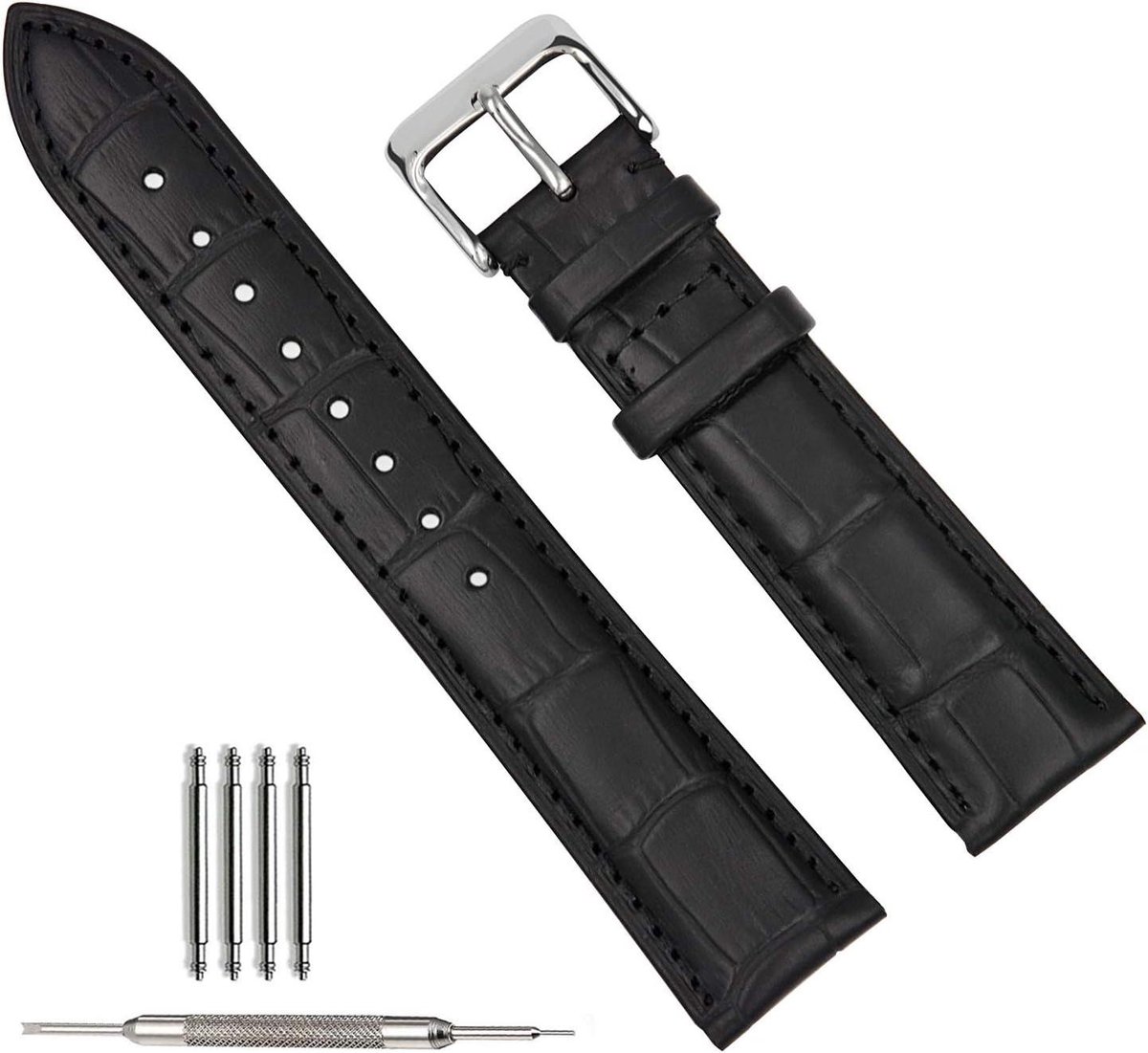 Zwarte lederen horlogebandjes met krokodil-reliëf - Militaire stijl voor mannen en vrouwen - Smartwatch armbandsluiting - Breedtes 14 mm, 16 mm, 18 mm, 19 mm, 20 mm, 21 mm, 22 mm of 24 mm - Zwart-Zwart Steek, 16 mm