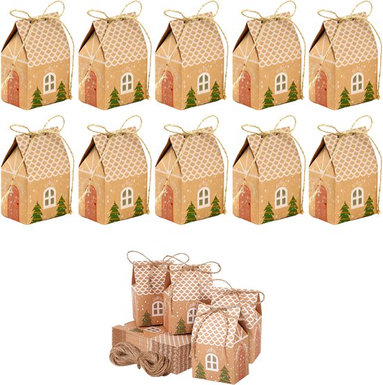 10-stuks kerstcadeaudoos -Kerstfeest geschenkdozen - Mini kerstpapieren doos - Kraftpapier cadeaudoos - Kerst peperkoek snoepdoos - Geschikt voor feestjes, kerstbomen, kerstadventskalenders, kerst snoepjes, koekjes - Bruin
