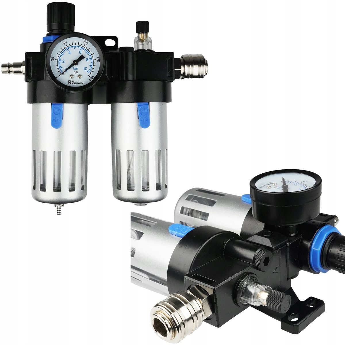 Dubbele Luchtfilter met Reducer, Ontluchter & Oliegever 1/4"