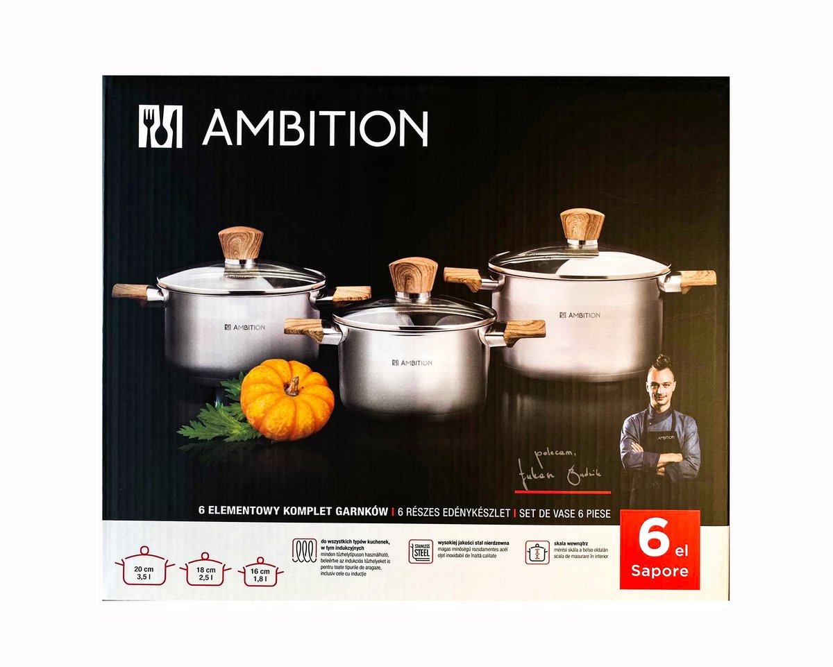 RVS Pannenset Ambition Sapore 6 Delen - Inclusief Deksel