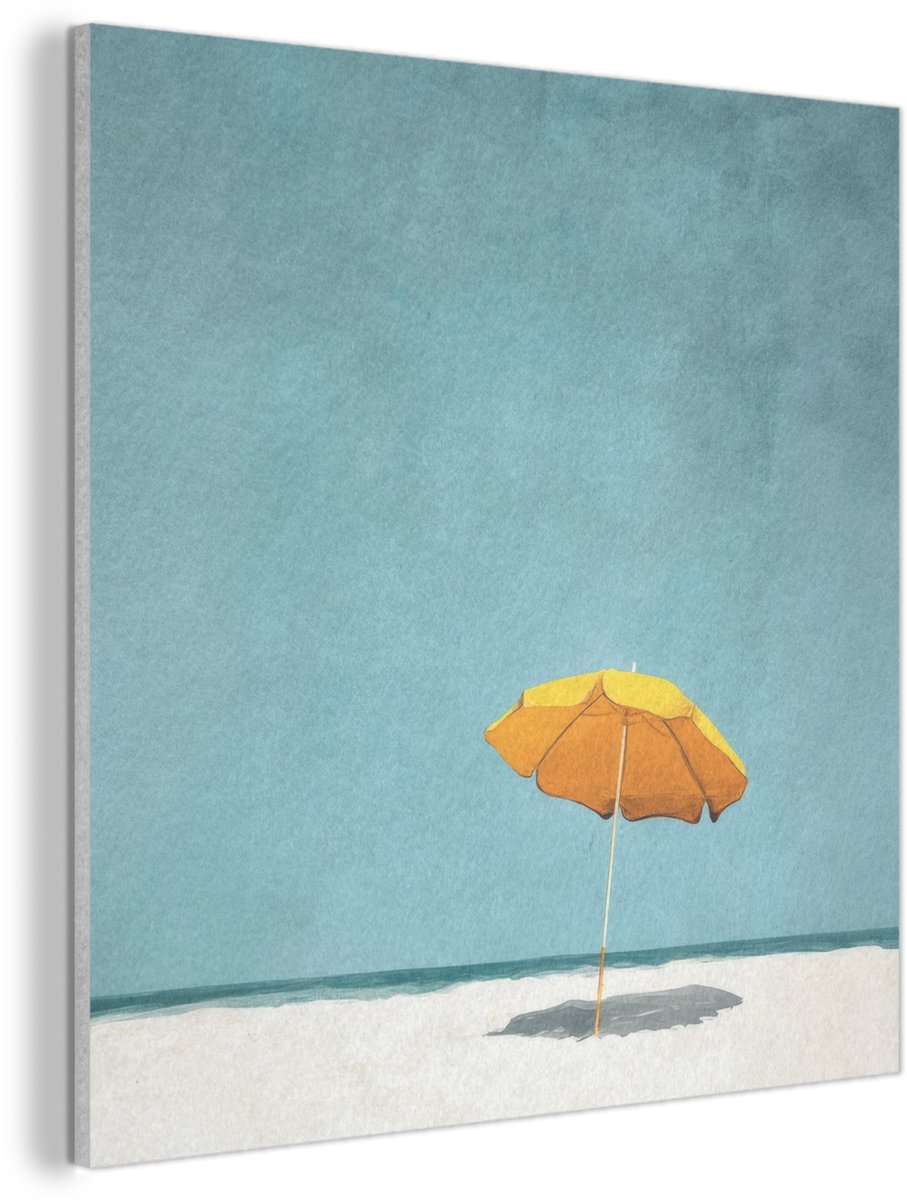 Akoestisch wandpaneel 90x90 cm - Vilt schilderij Parasol - Geel - Strand - Zee - Akoestische panelen - Geluidsdempende wanddecoratie - Geluidsisolatie woonkamer - Muurdecoratie geluidspanelen