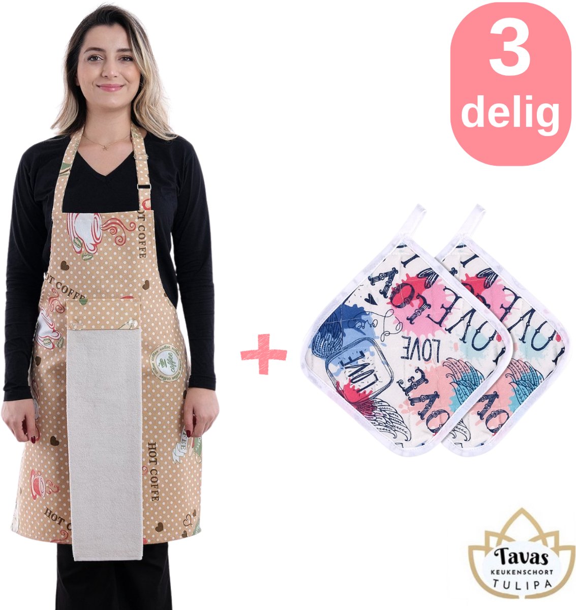 Tulipa Master Keukenschort 75 x 55 cm - met 1 Handdoek en 2 Pannenlappen met Love Tekst - Koffie - Professioneel Verstelbaar Kookschort - Horecakwaliteit - Keukenschort Dames - Kerstcadeau