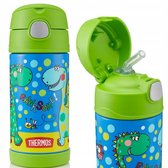 Collage de deux bouteilles : une bouteille bleue avec imprimé dinosaure et un couvercle vert, partiellement ouvert pour montrer la paille.