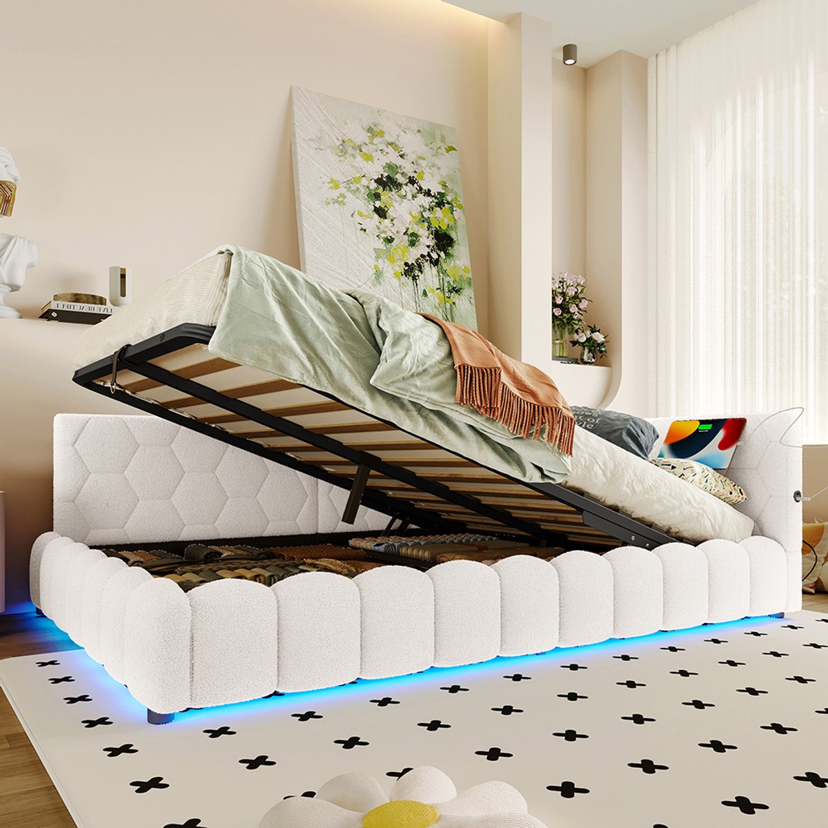 BLACKCOLORS - Rustbed - 140*200 cm - Slaapbank - Met lattenbodem (zonder matras) - Met LED-lichtstrip - Met hydraulisch hefmechanisme - Met USB-aansluiting Type C - Comfortabel materiaal - Imitatie fleece - Wit