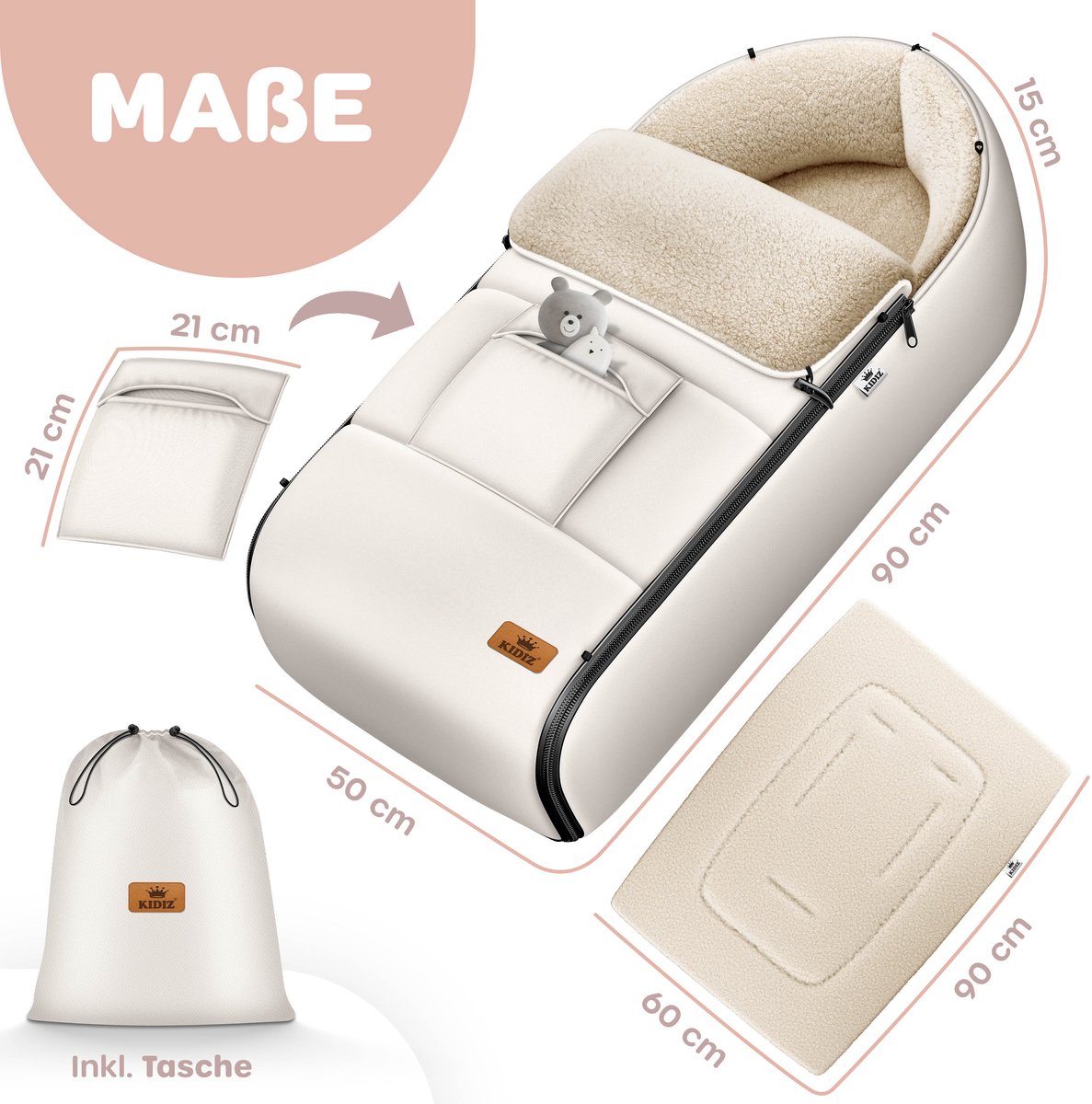 KIDIZ® Voetenzak voor Autostoeltje en Buggy met Ritssluiting - Baby Slaapzak Deken voor Maxi-Cosi & Wandelwagen / Kinderwagen - Beige – foto 5