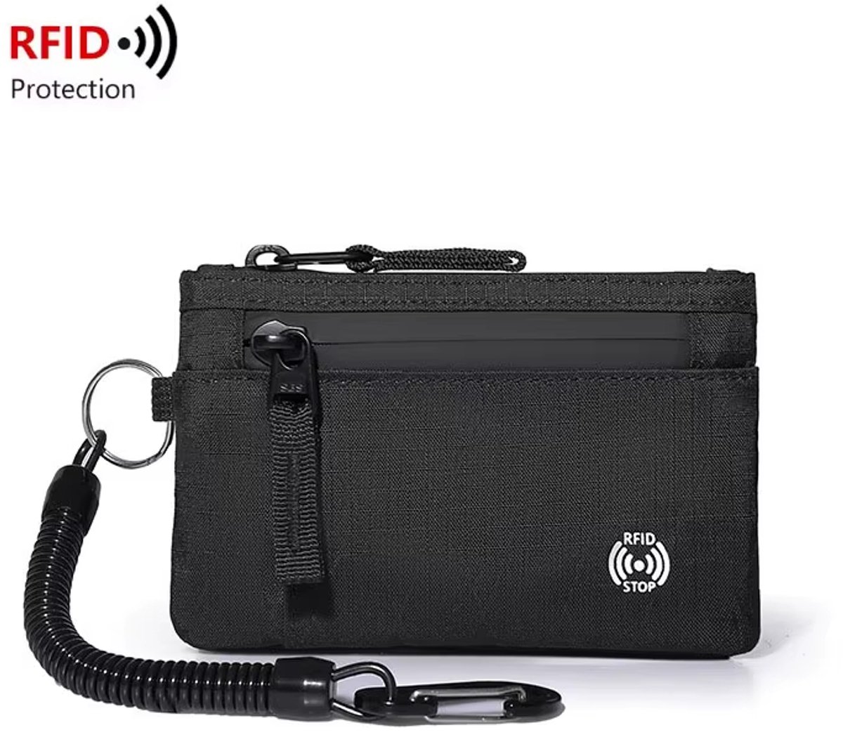RFID-blokkerende Heren Portemonnee – Slanke Nylon Creditcardhouder met Rits, Sleutelvak en Karabijnhaak | Tactische Pasjeshouder Anti-diefstal