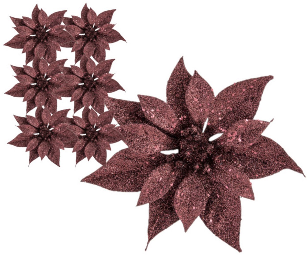 Cosy & Trendy Kerstboomversiering Kerstster - 6x stuks - 18 cm - donkerrood - op clip - ornament - ster