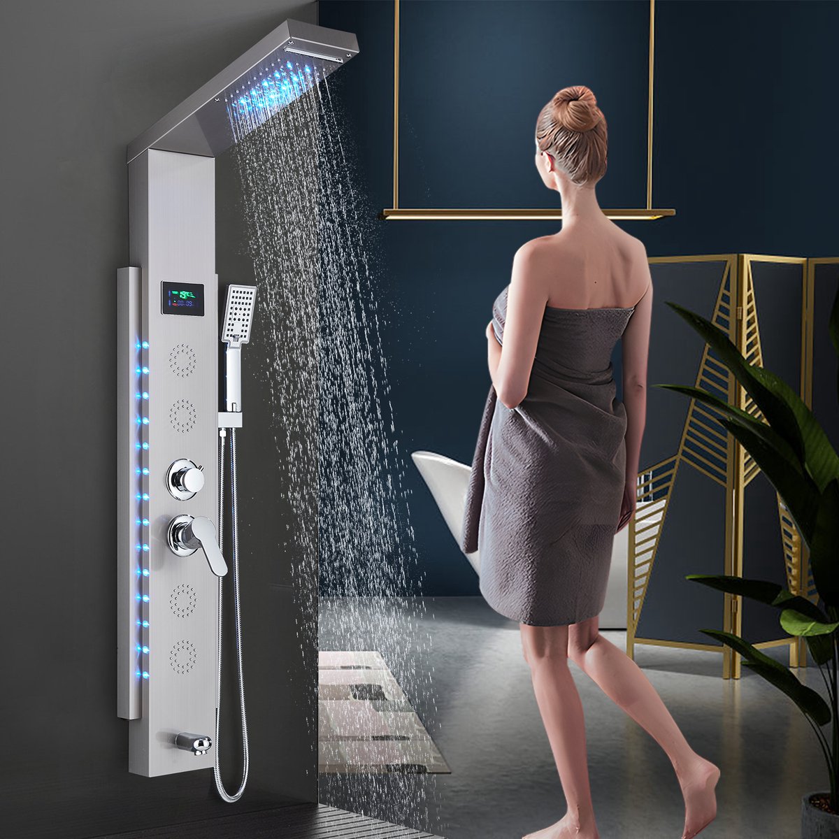 Douchekolom douchepaneel voor badkamer hydromassage 5 stralen multifunctioneel douchesysteem douchepaneel 4 grote massagestralen zilver
