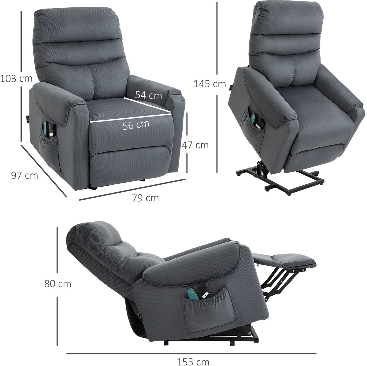 Sta op stoel elektrisch - Relaxfauteuil - Zetel - Stof - 1 persoons - Met armleuning - Zeer comfortabel - Elektrisch - Donkergrijs – foto 6