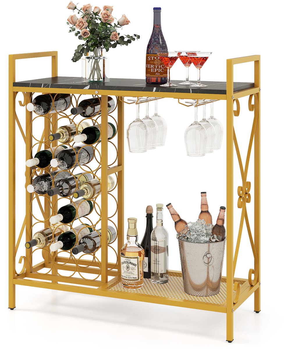 COSTWAY Wijnrek voor 21 flessen, vrijstaand flessenrek met glazen houder en tafelblad, metalen wijnstandaard voor keuken, eetkamer, bar, 93 x 38 x 102 cm (goud)