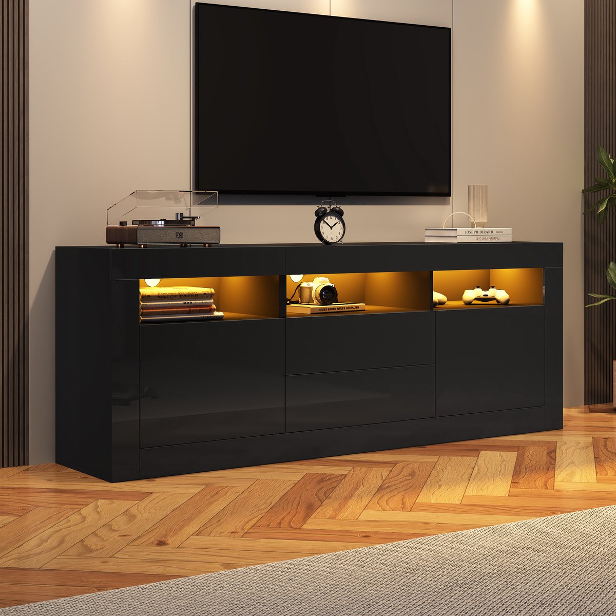 Merax 160x35x60cm hoogglans TV-meubel - met LED-verlichting - drie open schappen - twee deuren - twee lades - slimme applicatiebediening - zwart