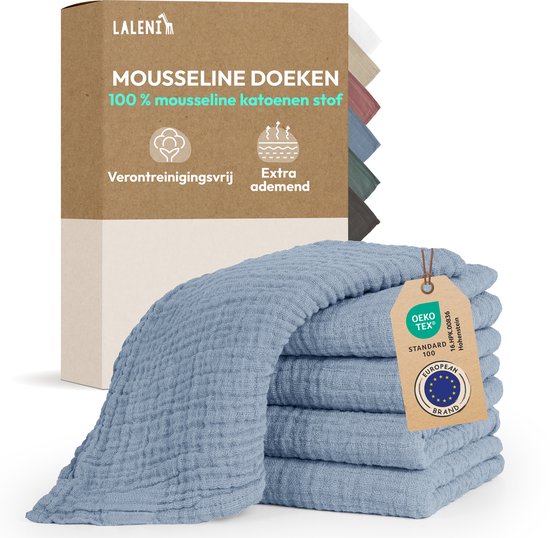 Laleni Hydrofiele Doeken - 100% Katoen - Mousseline - 70x70cm - Lichtblauw - Set van 5