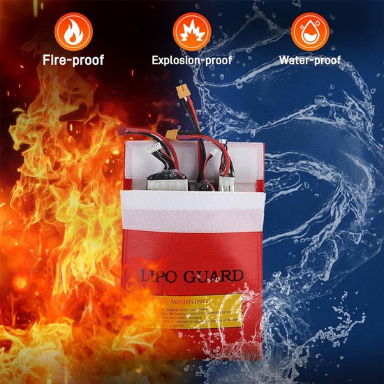 Rode LIPO GUARD tas die beschermt tegen vuur, explosies en water, met daarin Lipo-batterijen.