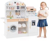 COSTWAY Kinderkeuken Met Accessoires, Hoekspeelkeuken Van Hout Met Licht En Geluid Houten Keuken Met Koffiezetapparaat Magnetron Wasmachine Oven Hoekspeelkeuken Voor Kinderen Vanaf 3 Jaar 369065