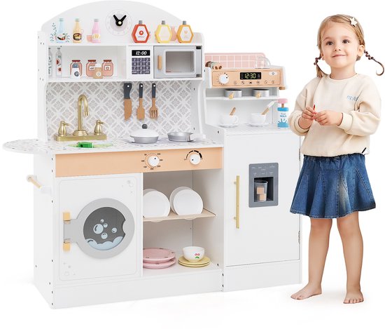 COSTWAY Cuisine Enfants 3 Ans En Bois Effect Son, Avec Micro-Ondes, Evier Et Horloge Ludique 82 X 30 X 100 5 Cm Rose