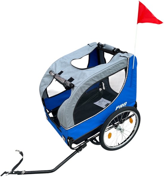 Blauwe fietskar met grijze kap, 'PRO' logo en reflectoren.
