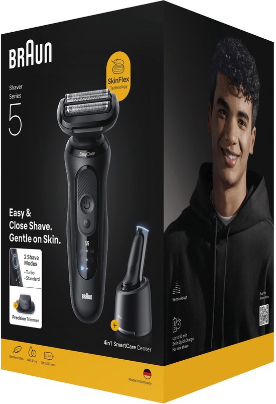 Doos van de Braun Series 5 met scheerapparaat, SmartCare center, precisie trimmer en lachende man.