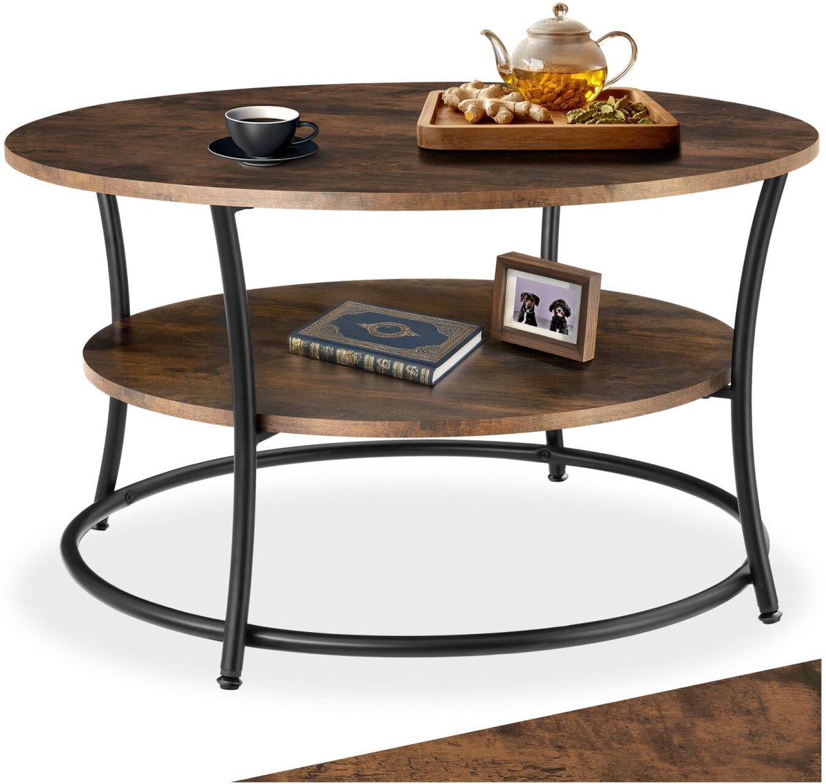Tectake Ronde Salontafel – Woonkamertafel met 2 Legplanken, Industrieel Design, Ø 80x46 cm, Hout en Metaal, Zwart Metalen Frame – Industrial Dark Brown Donkerbruin - Rustiek