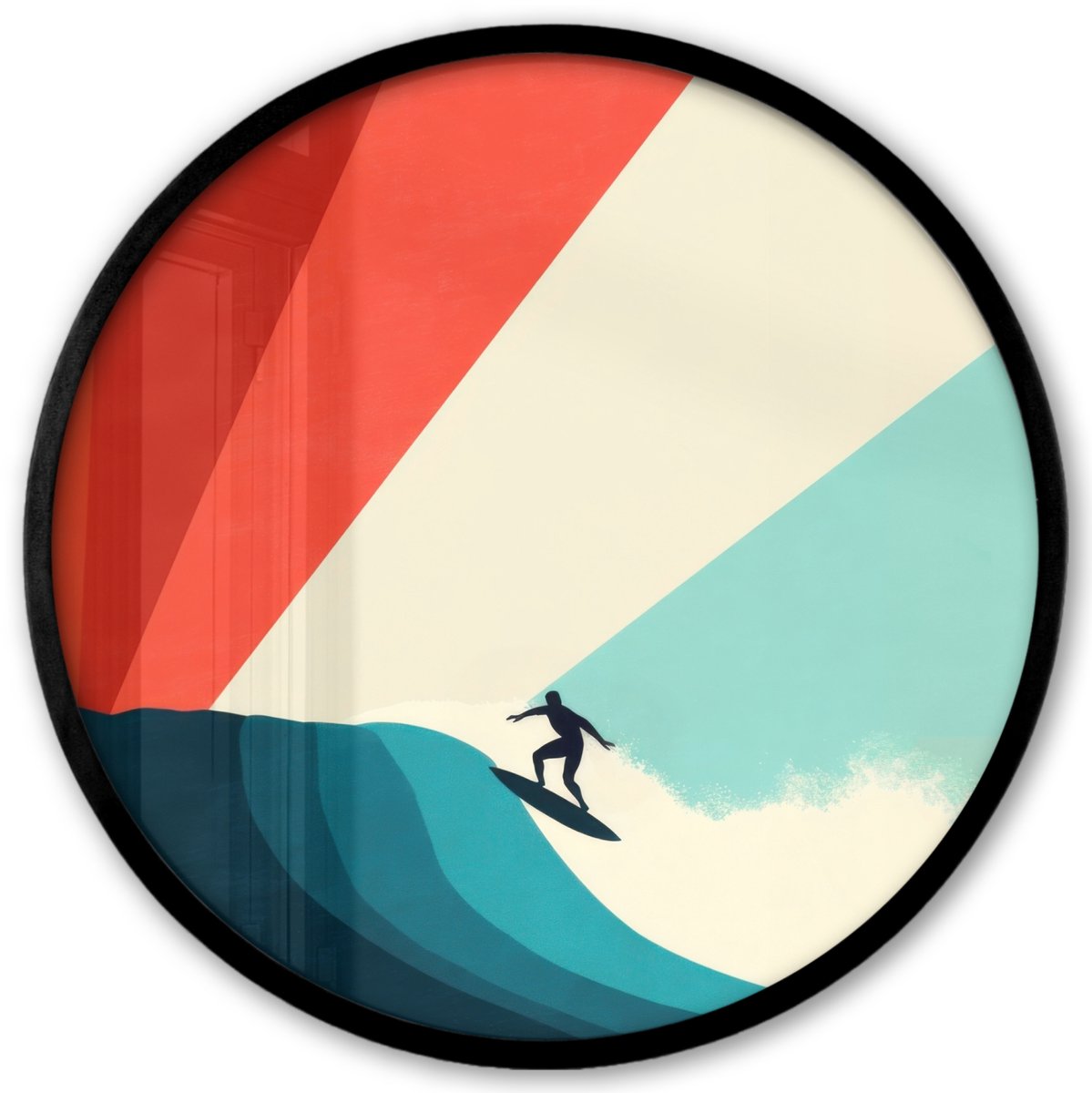 FrameYourWall Poster in lijst Rond - Fotolijst 40x40 cm - Posters - Surfer - Abstract - Golven - Zonnestralen - Ronde posterlijst zwart - Decoratie - Wanddecoratie woonkamer - Muurdecoratie slaapkamer