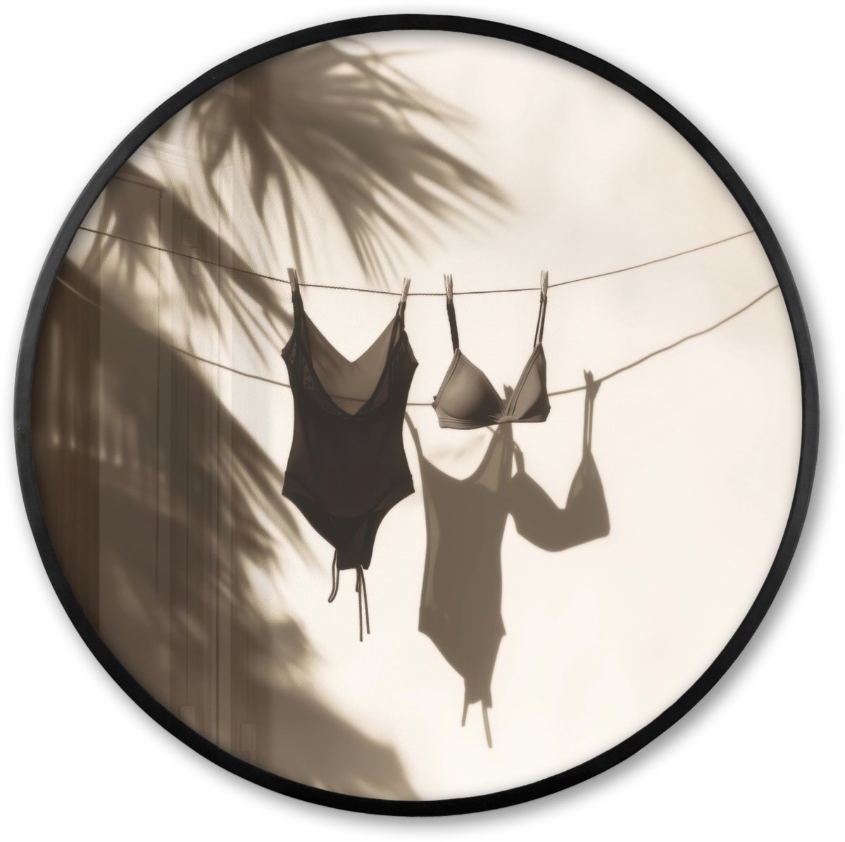 FrameYourWall Poster in lijst Rond - Fotolijst 60x60 cm - Posters - Badkleding - Palmbomen - Schaduw - Tropisch - Ronde posterlijst zwart - Decoratie - Wanddecoratie woonkamer - Muurdecoratie slaapkamer Badkleding - Waslijn - Tropisch