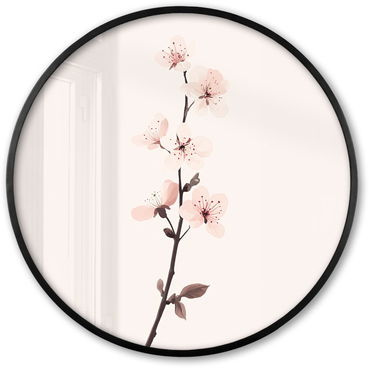 FrameYourWall Poster in lijst Rond - Fotolijst 80x80 cm - Posters - Minimalistisch - Bloesem - Tak - Roze - Ronde posterlijst zwart - Decoratie - Wanddecoratie woonkamer - Muurdecoratie slaapkamer