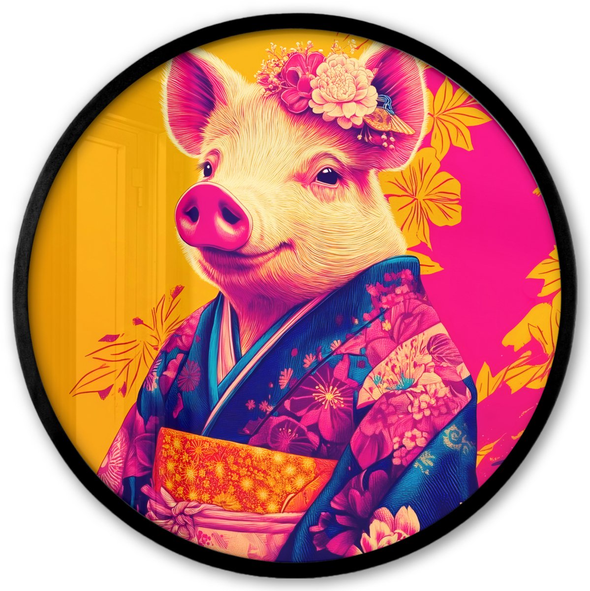 FrameYourWall Poster in lijst Rond - Fotolijst 40x40 cm - Posters - Varken - Bloemkroon - Kimono - Abstract - Ronde posterlijst zwart - Decoratie - Wanddecoratie woonkamer - Muurdecoratie slaapkamer