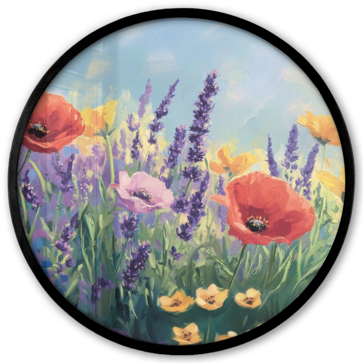 FrameYourWall Poster in lijst Rond - Fotolijst 40x40 cm - Posters - Weide - Bloemen - Kleurrijk - Ronde posterlijst zwart - Decoratie - Wanddecoratie woonkamer - Muurdecoratie slaapkamer Klaprozen