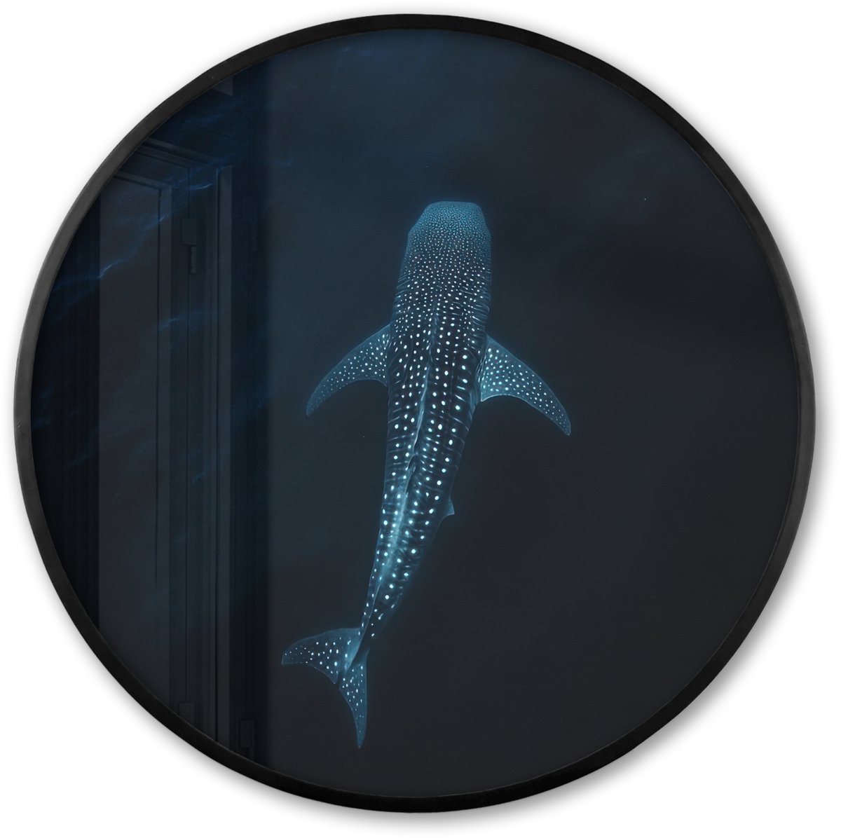 FrameYourWall Poster in lijst Rond - Fotolijst 60x60 cm - Posters - Oceaan - Walvishaai - Donkerblauw - Vlekken - Ronde posterlijst zwart - Decoratie - Wanddecoratie woonkamer - Muurdecoratie slaapkamer