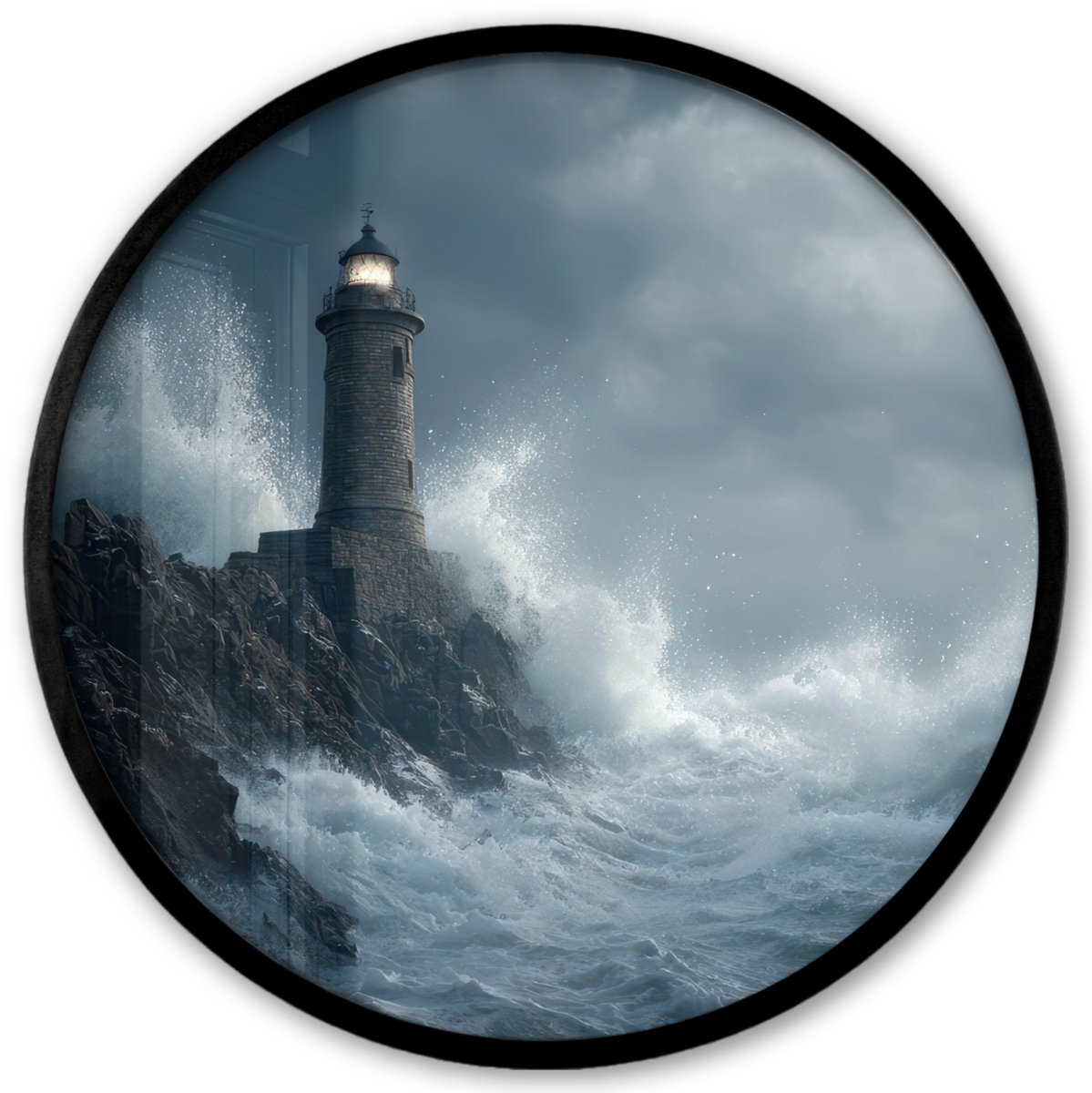 FrameYourWall Poster in lijst Rond - Fotolijst 40x40 cm - Posters - Rotsen - Vuurtoren - Golven - Klliffen - Ronde posterlijst zwart - Decoratie - Wanddecoratie woonkamer - Muurdecoratie slaapkamer Rotsen - Golven - Vuurtoren