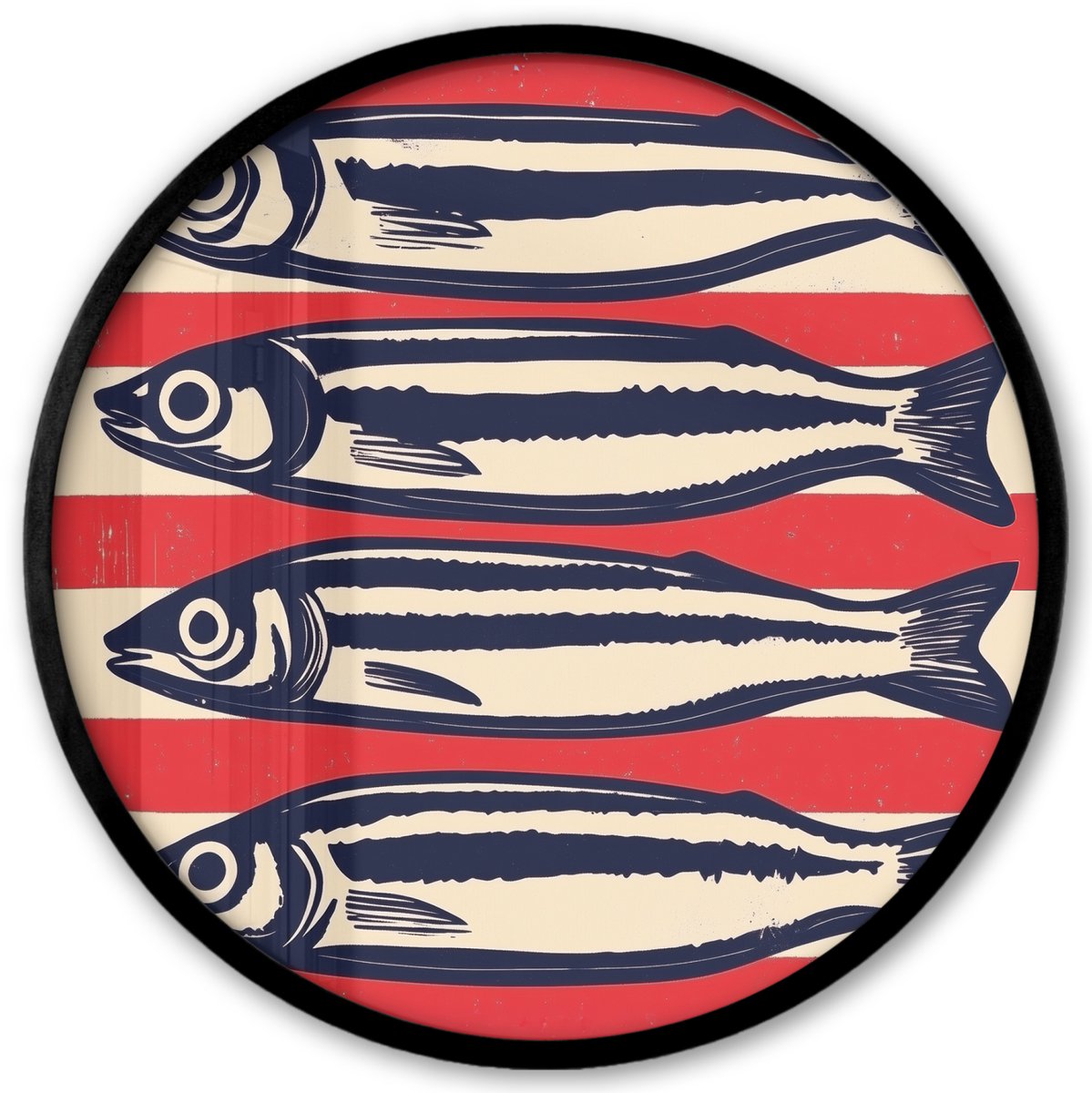 FrameYourWall Poster in lijst Rond - Fotolijst 40x40 cm - Posters - Sardines - Rood en beige strepen - Ronde posterlijst zwart - Decoratie - Wanddecoratie woonkamer - Muurdecoratie slaapkamer Sardines - Strepen