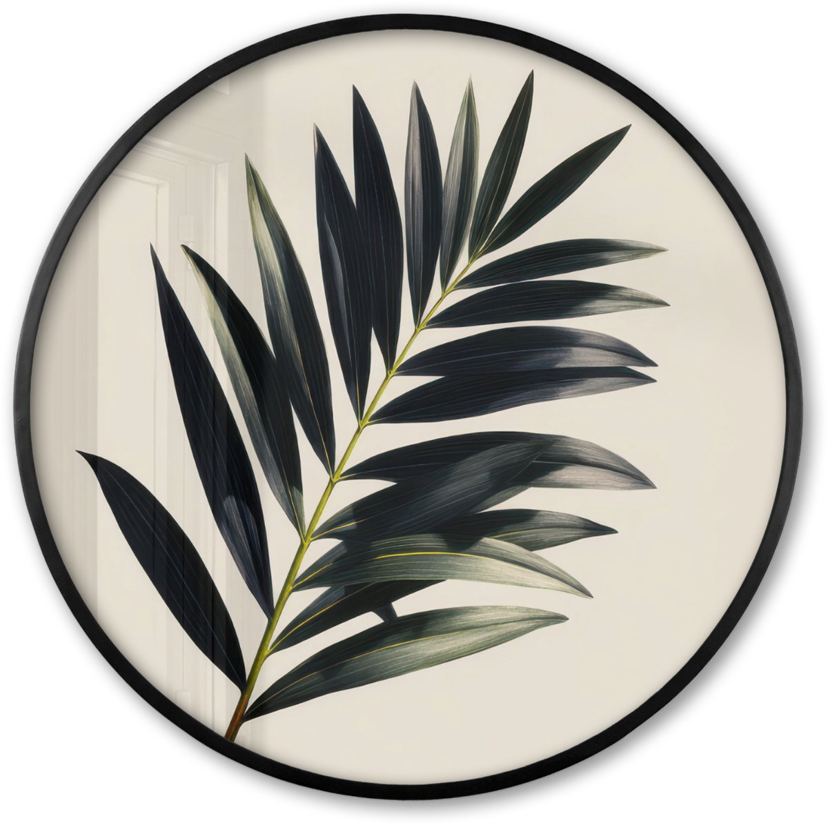 FrameYourWall Poster in lijst Rond - Fotolijst 80x80 cm - Posters - Palmblad - Subtiel - Groen - beige - Ronde posterlijst zwart - Decoratie - Wanddecoratie woonkamer - Muurdecoratie slaapkamer