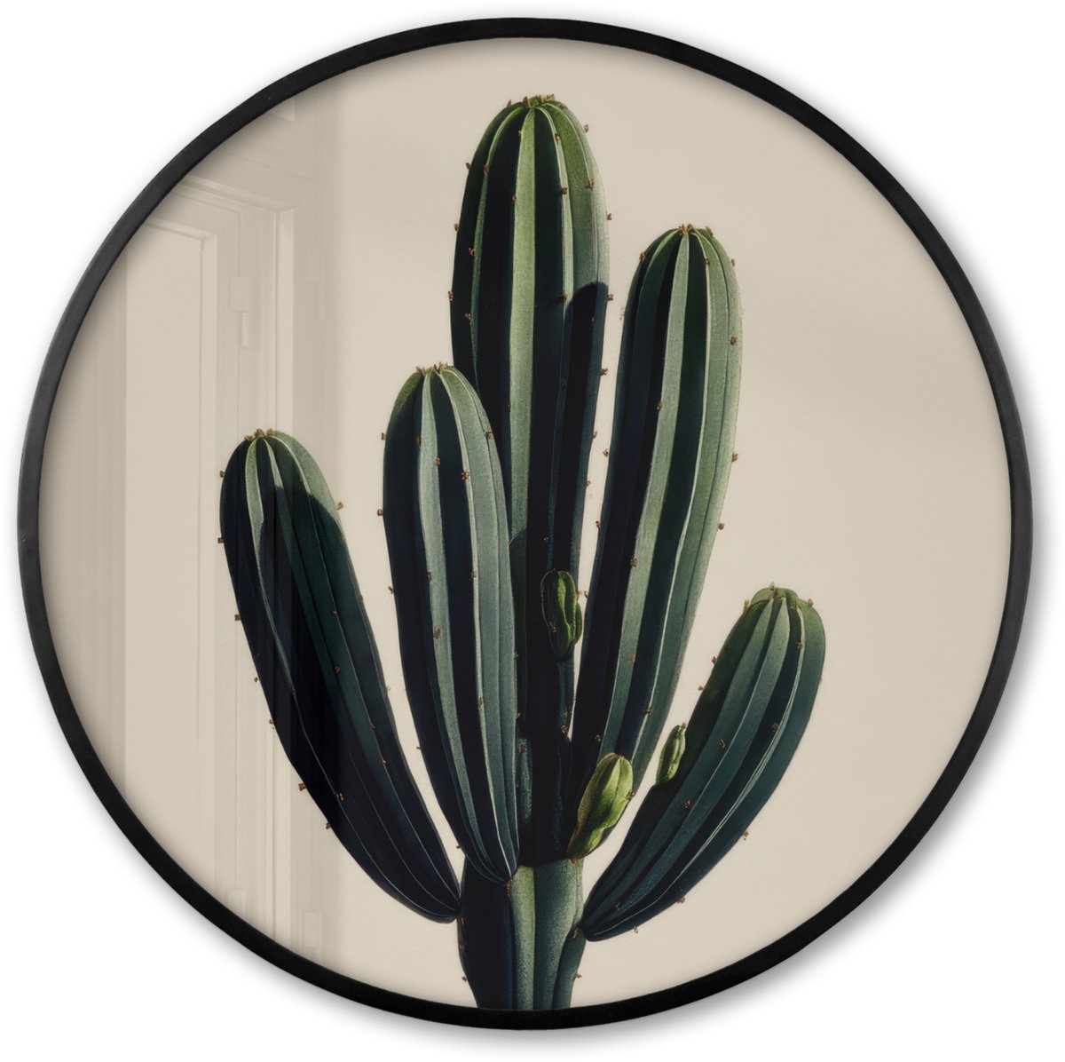 FrameYourWall Poster in lijst Rond - Fotolijst 60x60 cm - Posters - Cactus - Subtiel - Groen - Ronde posterlijst zwart - Decoratie - Wanddecoratie woonkamer - Muurdecoratie slaapkamer