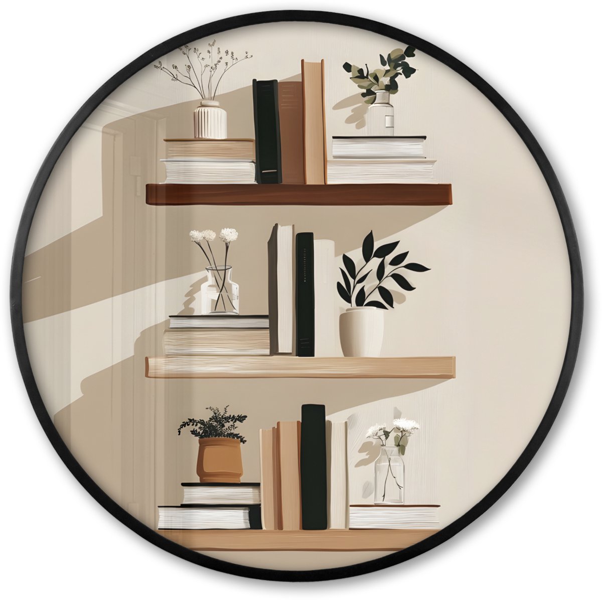 FrameYourWall Poster in lijst Rond - Fotolijst 80x80 cm - Posters - Plankjes - Boeken - Vaasjes - Planten - Ronde posterlijst zwart - Decoratie - Wanddecoratie woonkamer - Muurdecoratie slaapkamer Boeken - Planten - Planken