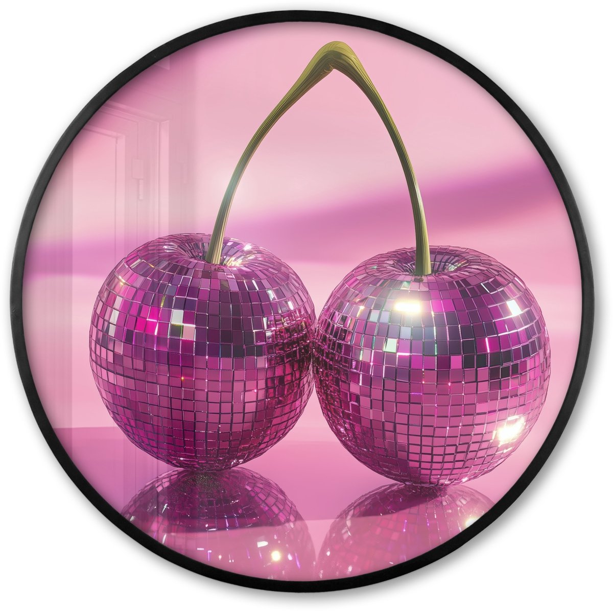 FrameYourWall Poster in lijst Rond - Fotolijst 60x60 cm - Posters - Glitter - Discobol - Roze - Kersen - Ronde posterlijst zwart - Decoratie - Wanddecoratie woonkamer - Muurdecoratie slaapkamer Disco - Kersen