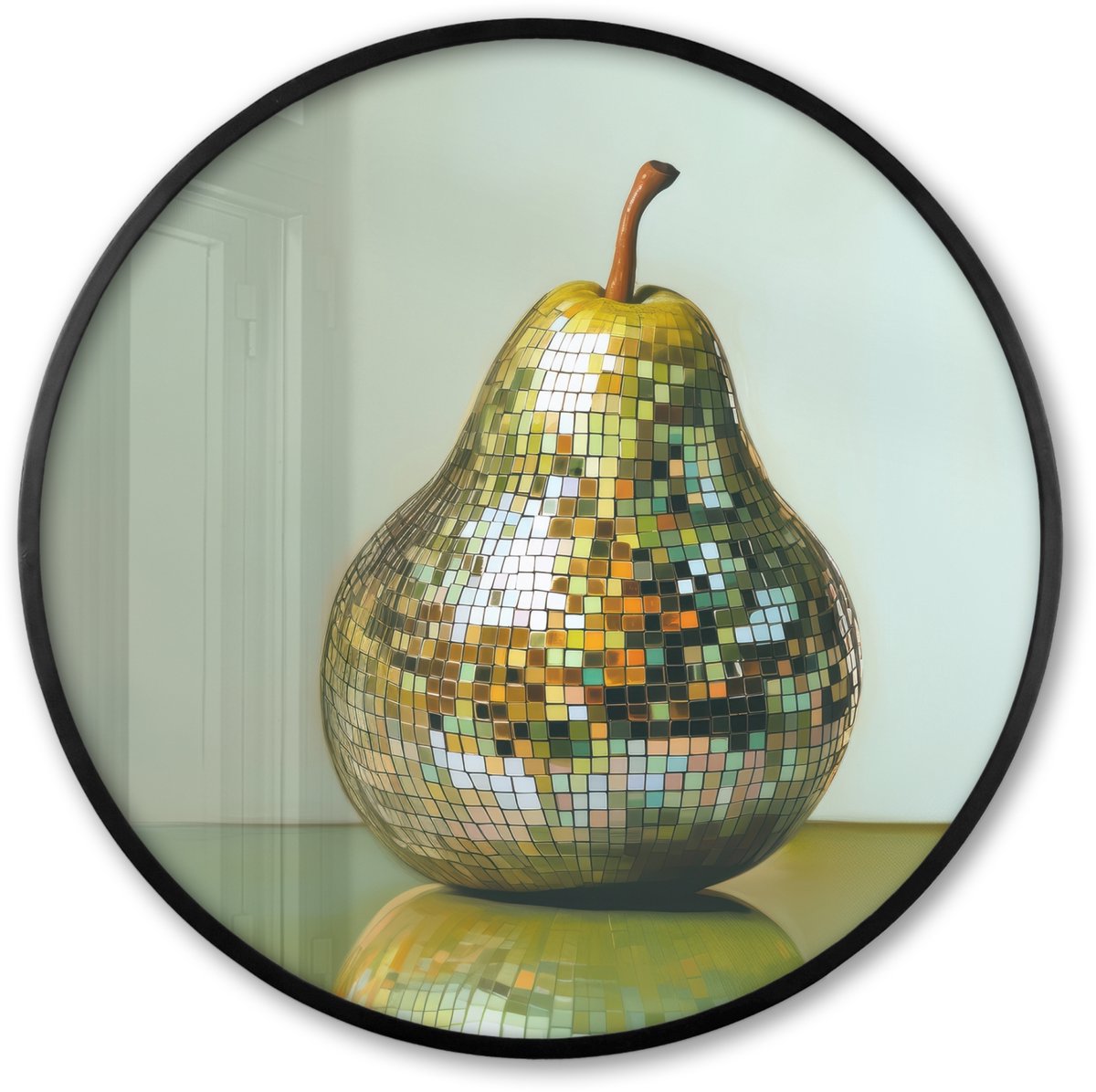 FrameYourWall Poster in lijst Rond - Fotolijst 60x60 cm - Posters - Fruit - Disco - Art - Glitter - Ronde posterlijst zwart - Decoratie - Wanddecoratie woonkamer - Muurdecoratie slaapkamer Disco - Peer