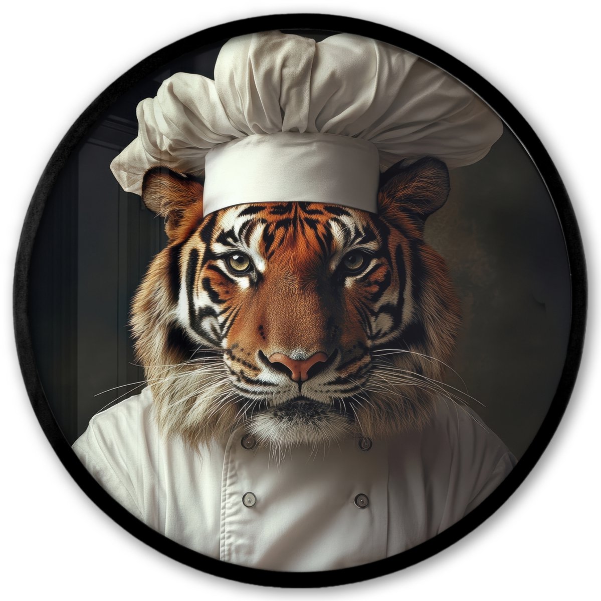 FrameYourWall Poster in lijst Rond - Fotolijst 40x40 cm - Posters - Tijger - Kokskleding - Bruin - Ronde posterlijst zwart - Decoratie - Wanddecoratie woonkamer - Muurdecoratie slaapkamer