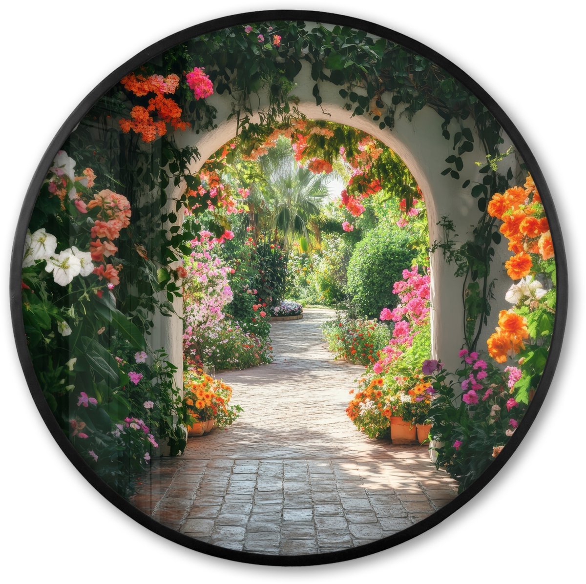 FrameYourWall Poster in lijst Rond - Fotolijst 60x60 cm - Posters - Doorkijk - Bloemen - Natuur - Bloementuin - Ronde posterlijst zwart - Decoratie - Wanddecoratie woonkamer - Muurdecoratie slaapkamer Boog - Bloemen