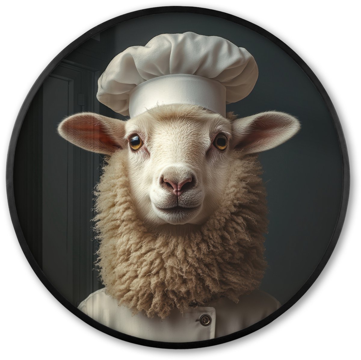 FrameYourWall Poster in lijst Rond - Fotolijst 60x60 cm - Posters - Schaap - Wol - Kok - Ronde posterlijst zwart - Decoratie - Wanddecoratie woonkamer - Muurdecoratie slaapkamer Schaap - Kok