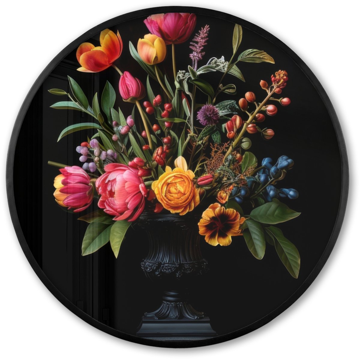 FrameYourWall Poster in lijst Rond - Fotolijst 60x60 cm - Posters - Tulpen - Bessen - Boeket - Vaas - Ronde posterlijst zwart - Decoratie - Wanddecoratie woonkamer - Muurdecoratie slaapkamer Boeket - Bloemen 5