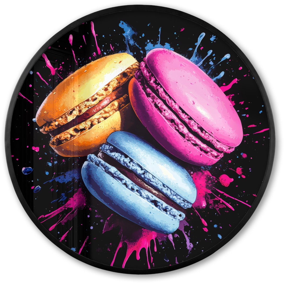 FrameYourWall Poster in lijst Rond - Fotolijst 80x80 cm - Posters - Macarons - Dessert - Graffiti - Kleurrijk - Roze - Blauw - Geel - Ronde posterlijst zwart - Decoratie - Wanddecoratie woonkamer - Muurdecoratie slaapkamer Graffiti - Macarons