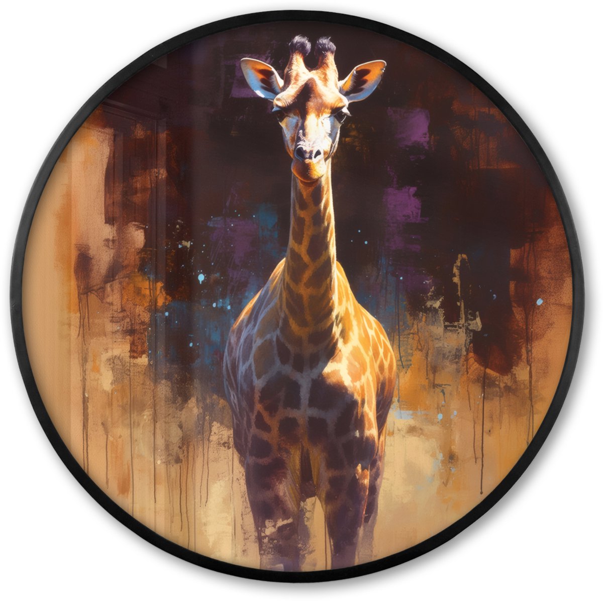 FrameYourWall Poster in lijst Rond - Fotolijst 80x80 cm - Posters - Giraf - Bruin - Abstract - Geschilderd - Ronde posterlijst zwart - Decoratie - Wanddecoratie woonkamer - Muurdecoratie slaapkamer