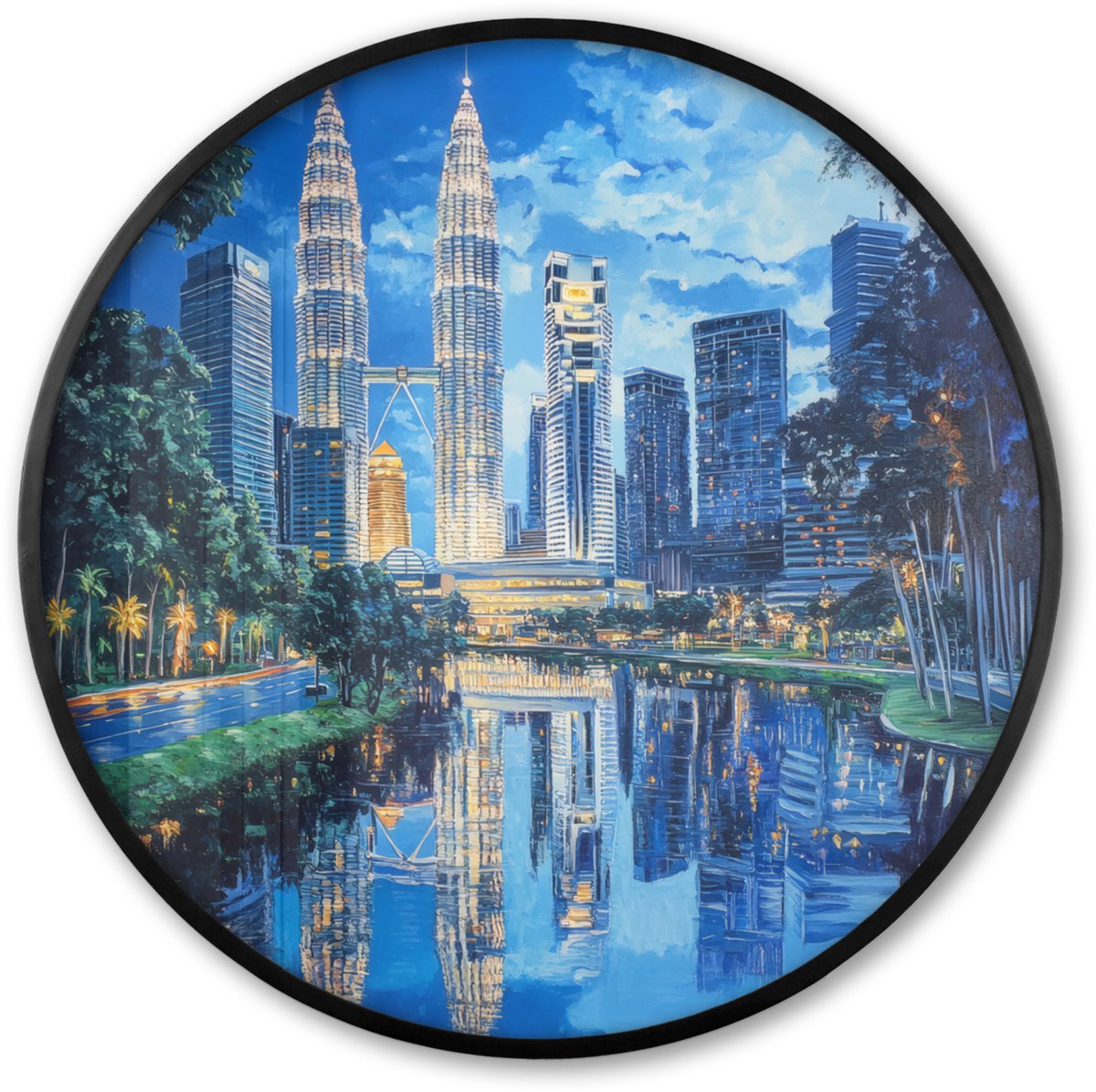 FrameYourWall Poster in lijst Rond - Fotolijst 80x80 cm - Posters - Stad Kuala Lumpur - Skyline - Wolkenkrabbers - Water - Ronde posterlijst zwart - Decoratie - Wanddecoratie woonkamer - Muurdecoratie slaapkamer Stad - Skyline