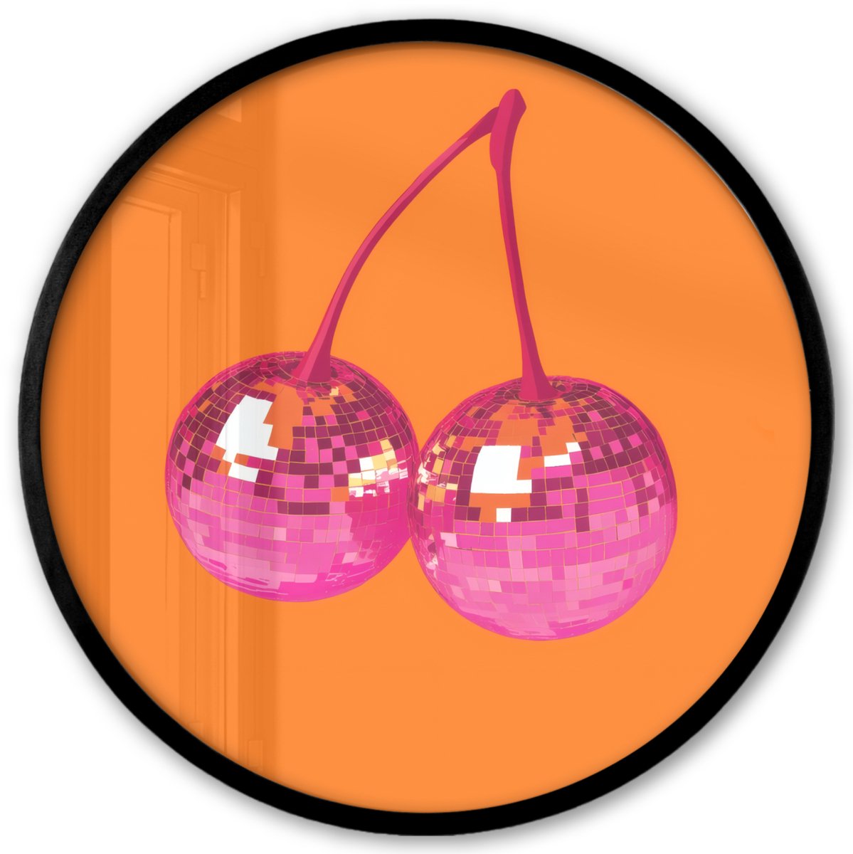 FrameYourWall Poster in lijst Rond - Fotolijst 40x40 cm - Posters - Discoballen - Kers - Spiegels - Roze - Ronde posterlijst zwart - Decoratie - Wanddecoratie woonkamer - Muurdecoratie slaapkamer Discoballen - Kersen