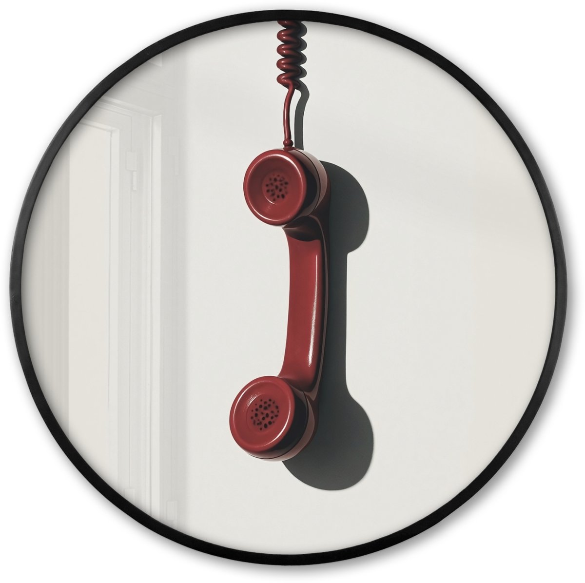 FrameYourWall Poster in lijst Rond - Fotolijst 80x80 cm - Posters - Telefoon - Koord - Rood - Minimalistisch - Ronde posterlijst zwart - Decoratie - Wanddecoratie woonkamer - Muurdecoratie slaapkamer