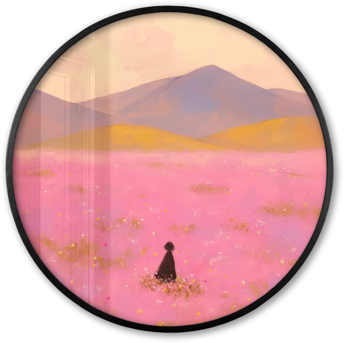 FrameYourWall Poster in lijst Rond - Fotolijst 60x60 cm - Posters - Bloemenweide - Heuvels - Silhouet - Roze - Ronde posterlijst zwart - Decoratie - Wanddecoratie woonkamer - Muurdecoratie slaapkamer