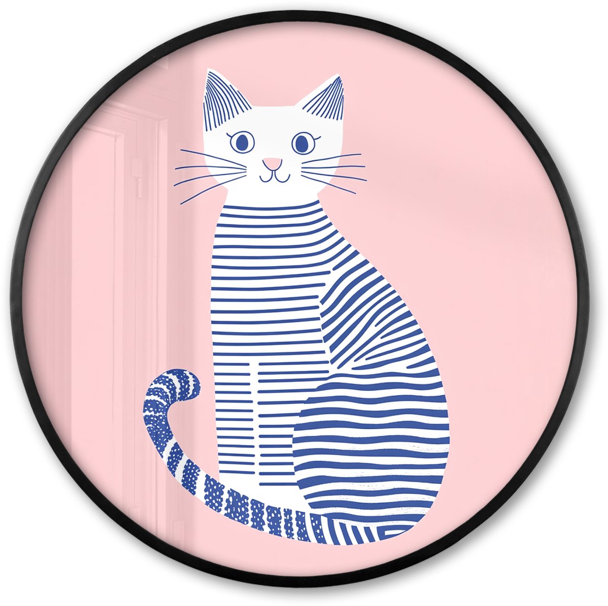 FrameYourWall Poster in lijst Rond - Fotolijst 60x60 cm - Posters - Kat - Illustratie - Minimalistisch - Roze - Ronde posterlijst zwart - Decoratie - Wanddecoratie woonkamer - Muurdecoratie slaapkamer Kat - Strepen